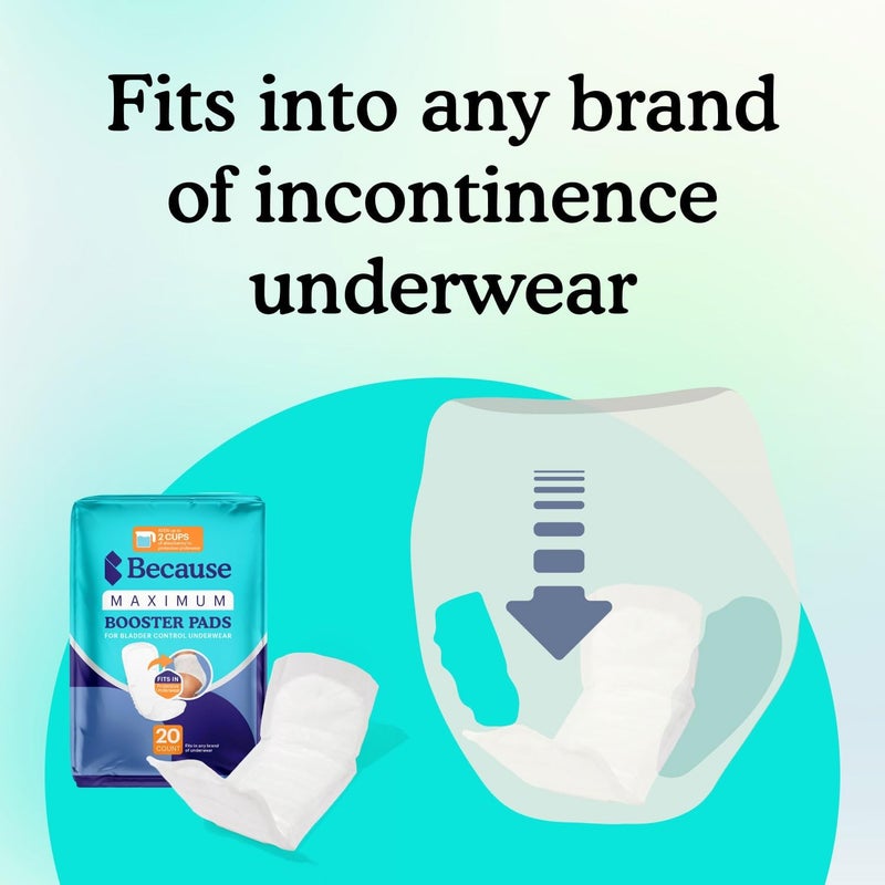 because Maximum Incontinence Booster Pads, Adult Diaper Doubler Adds 2 Cups of Extra Absorbency, Discreet, Soft Leak Protection for Men & Women, Fits Inside Disposable Underwear, 180 Count - Image 1